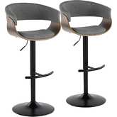 Vintage Mod Adjustable Swivel Bar Stool in Black Metal, Walnut Wood & Grey Fabric (Set of 2)